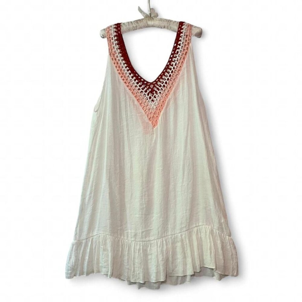 Boho Tiered Sleeveless White Dress with Pink Crochet V-Neck Cupshe Swim Coverup